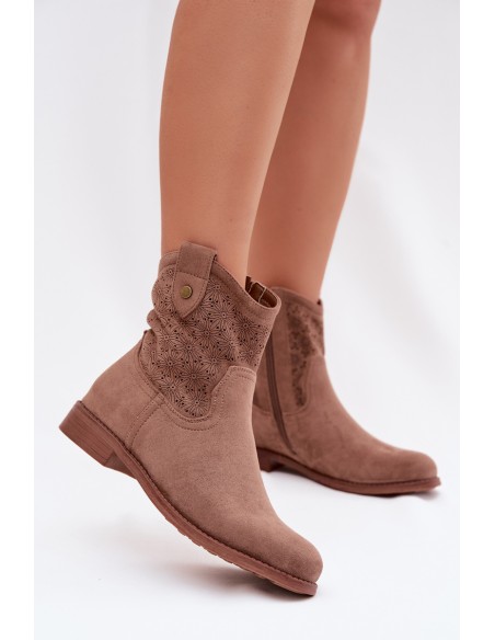 Women's Flat-heeled Ankle Boots With Openwork Pattern S.Barski HY61-8025 Brown