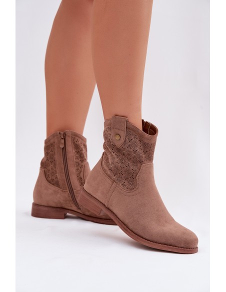 Women's Flat-heeled Ankle Boots With Openwork Pattern S.Barski HY61-8025 Brown