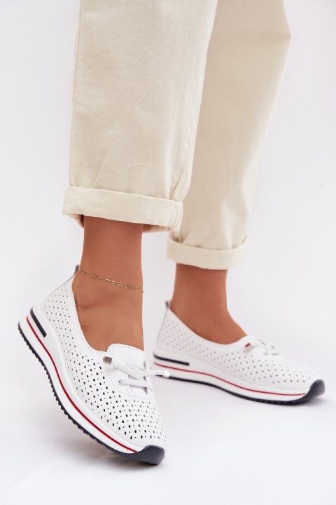 Leather Openwork Women's Loafers S.Barski LR61-7044 White