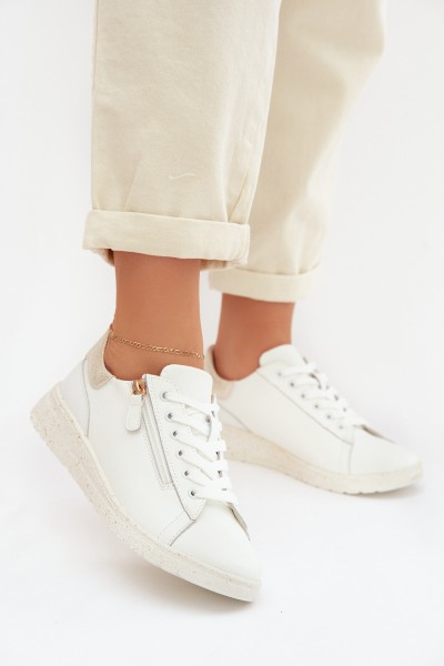 Leather Women's Flats with Zipper White-Gold Dorothea