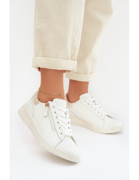 Leather Women's Flats with Zipper White-Gold Dorothea