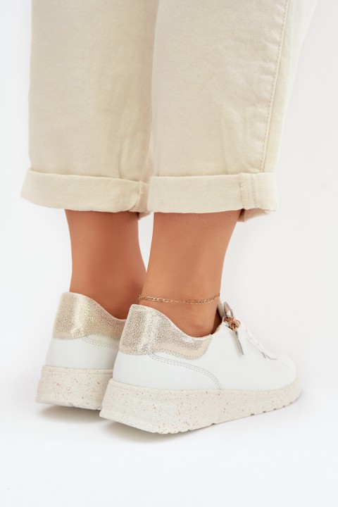 Leather Women's Flats with Zipper White-Gold Dorothea