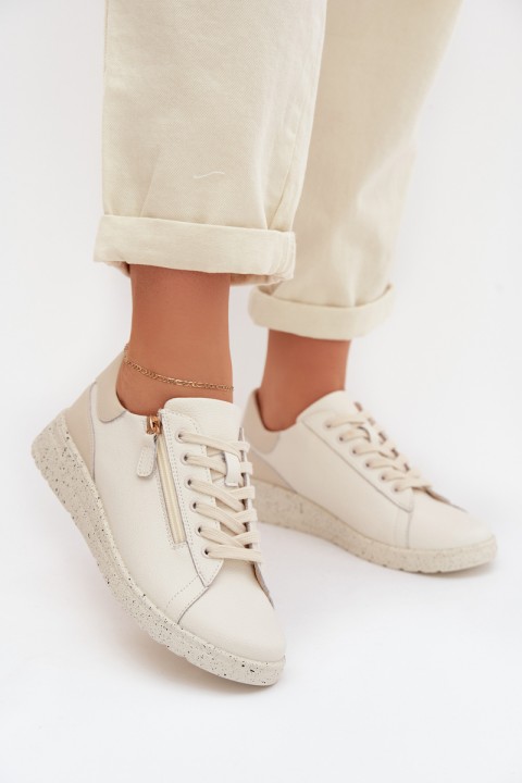 Leather Women's Loafers with Zipper Beige Dorothea