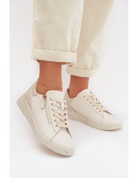 Leather Women's Loafers with Zipper Beige Dorothea