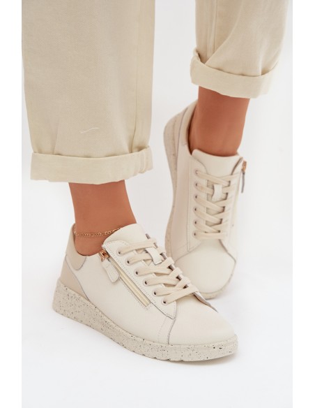 Leather Women's Loafers with Zipper Beige Dorothea