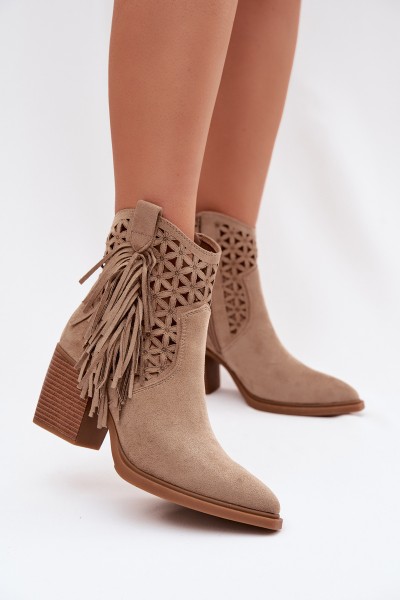 Women's Perforated Cowboy Boots with Block Heel with Fringes Beige Calissey