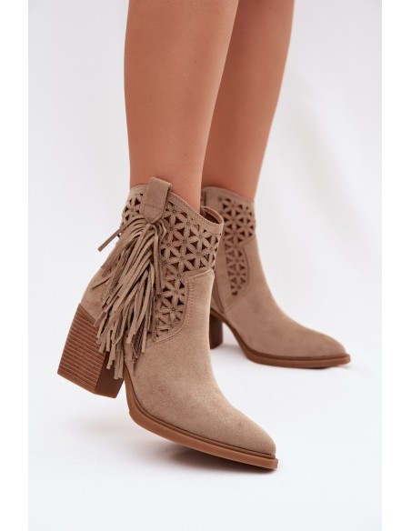 Women's Perforated Cowboy Boots with Block Heel with Fringes Beige Calissey