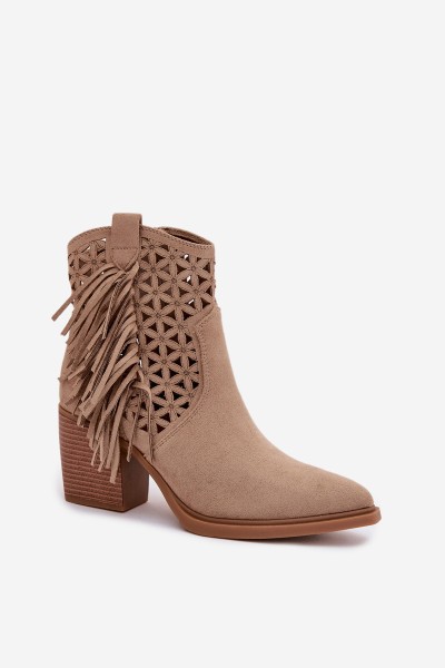 Women's Perforated Cowboy Boots with Block Heel with Fringes Beige Calissey 2