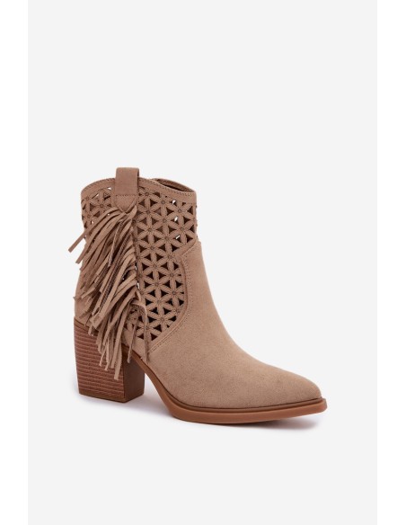 Women's Perforated Cowboy Boots with Block Heel with Fringes Beige Calissey
