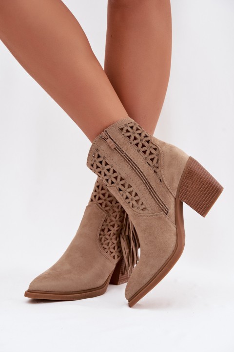 Women's Perforated Cowboy Boots with Block Heel with Fringes Beige Calissey