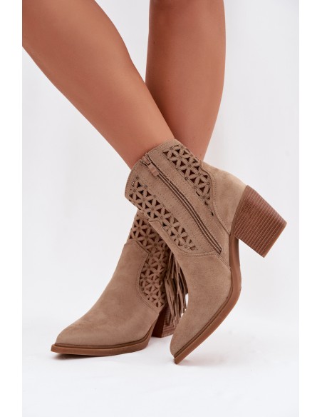 Women's Perforated Cowboy Boots with Block Heel with Fringes Beige Calissey