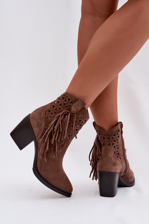 Women's Perforated Cowboy Boots With Heel With Fringes Brown Calissey