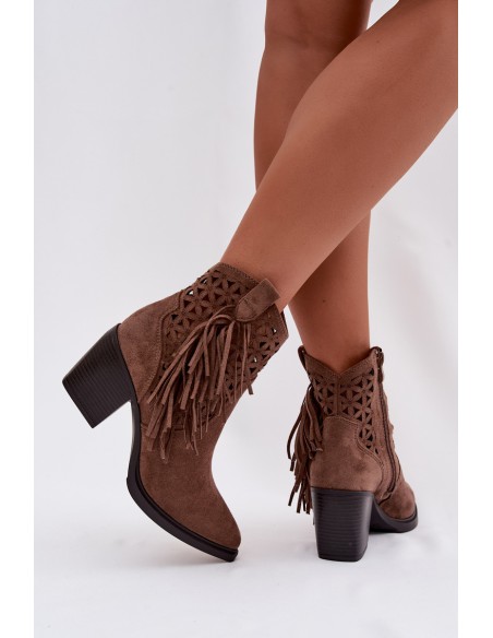 Women's Perforated Cowboy Boots With Heel With Fringes Brown Calissey
