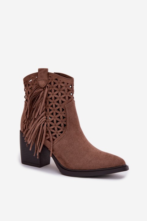 Women's Perforated Cowboy Boots With Heel With Fringes Brown Calissey