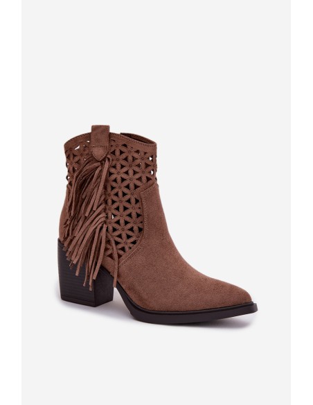 Women's Perforated Cowboy Boots With Heel With Fringes Brown Calissey