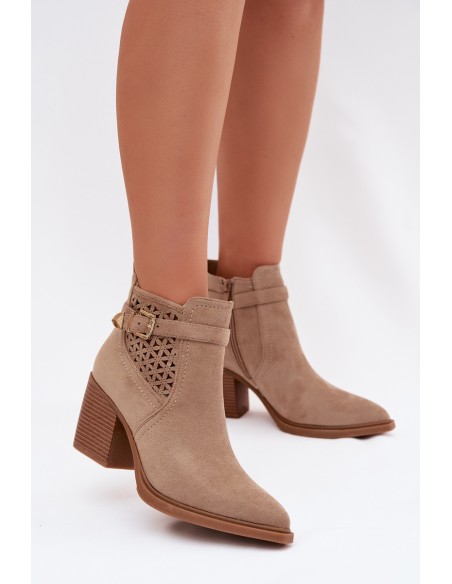 Women's Openwork Block Heel Boots with Openwork Pattern and Gold Buckle Beige Deloriah