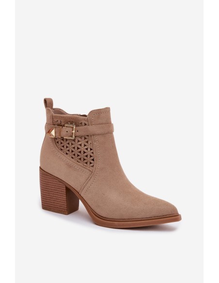 Women's Openwork Block Heel Boots with Openwork Pattern and Gold Buckle Beige Deloriah