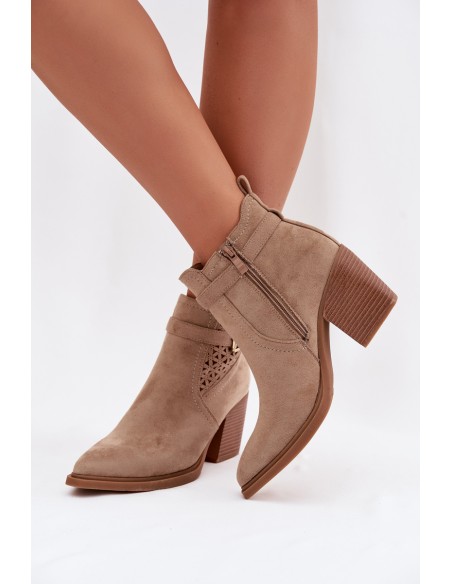 Women's Openwork Block Heel Boots with Openwork Pattern and Gold Buckle Beige Deloriah