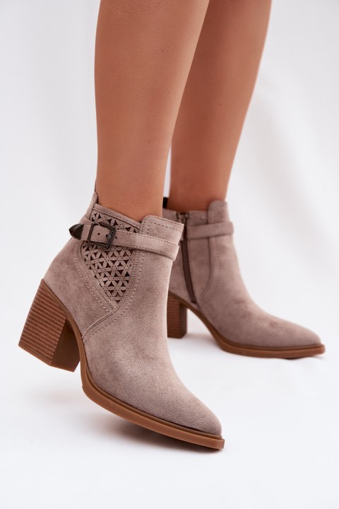 Women's Perforated Block Heeled Ankle Boots with Perforated Pattern and Gold Buckle Dark Beige Deloriah