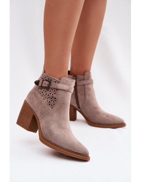 Women's Perforated Block Heeled Ankle Boots with Perforated Pattern and Gold Buckle Dark Beige Deloriah