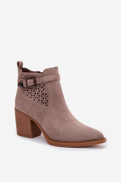 Women's Perforated Block Heeled Ankle Boots with Perforated Pattern and Gold Buckle Dark Beige Deloriah