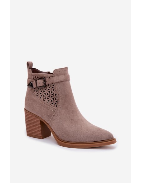 Women's Perforated Block Heeled Ankle Boots with Perforated Pattern and Gold Buckle Dark Beige Deloriah