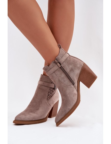 Women's Perforated Block Heeled Ankle Boots with Perforated Pattern and Gold Buckle Dark Beige Deloriah