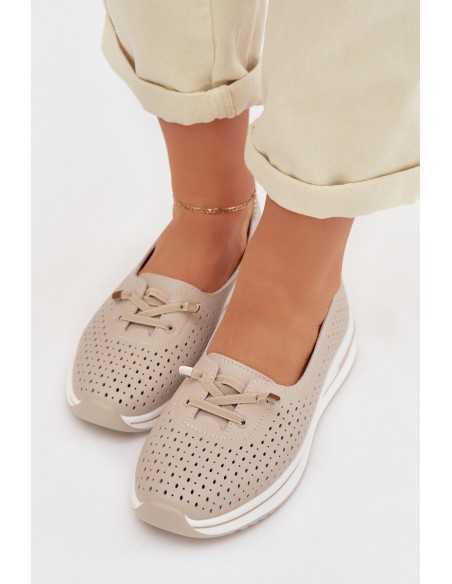 Leather Openwork Women's Loafers LR61-7044 Beige