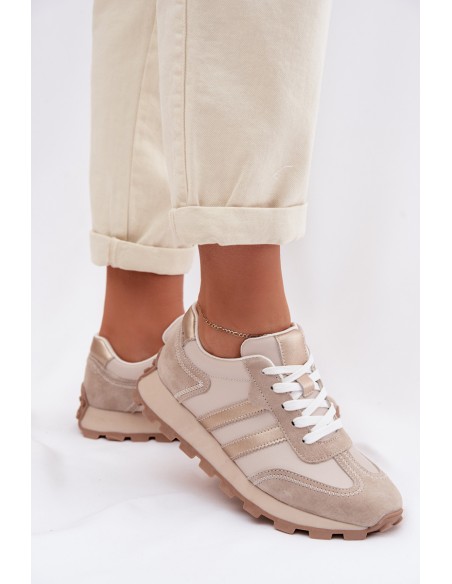 Leather Women's Sneakers On Platform S.Barski LR61-7096 Beige