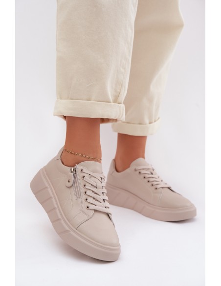 Leather Women's Loafers With Zipper Beige Althea