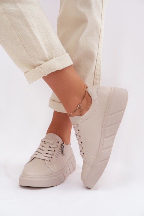 Leather Women's Loafers With Zipper Beige Althea