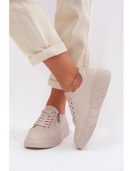 Leather Women's Loafers With Zipper Beige Althea