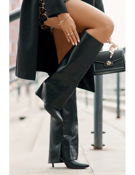 Warm Heeled Boots with Rolled Shaft Black Tamonia