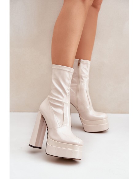 Lacquered Ankle Boots On Platform And High Heel Beige Lotisha