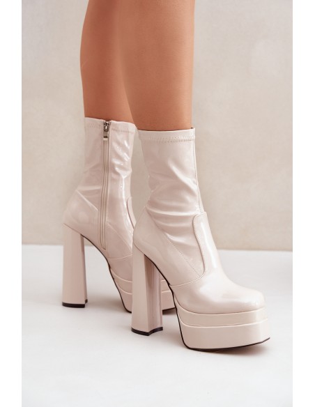 Lacquered Ankle Boots On Platform And High Heel Beige Lotisha