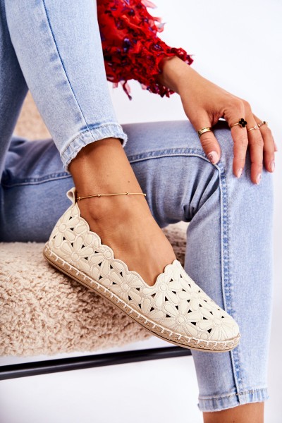 Women's Slip-on Ballerina Flats with Flowers Beige Vennice