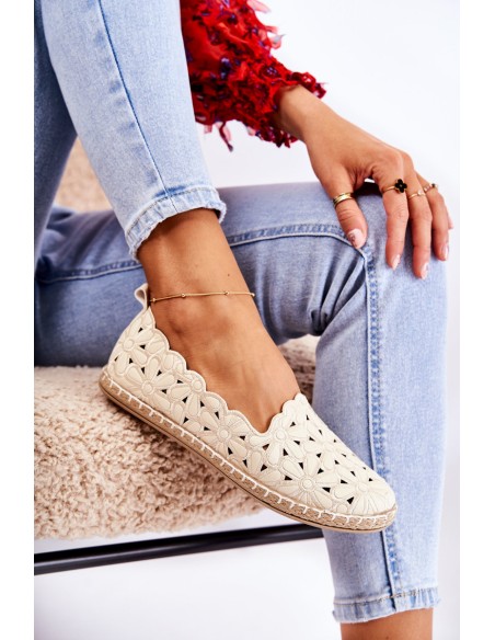 Women's Slip-on Ballerina Flats with Flowers Beige Vennice