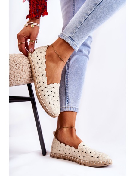 Women's Slip-on Ballerina Flats with Flowers Beige Vennice