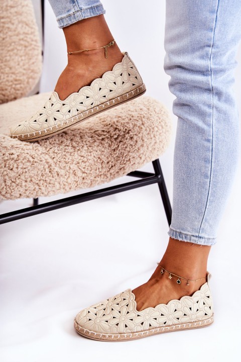 Women's Slip-on Ballerina Flats with Flowers Beige Vennice