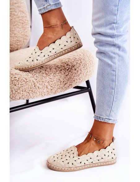 Women's Slip-on Ballerina Flats with Flowers Beige Vennice