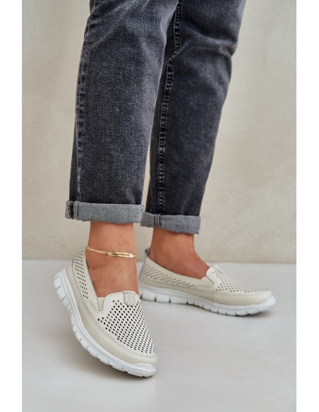 Lightweight Leather Perforated Loafers Women's Platform Beige Tanelora