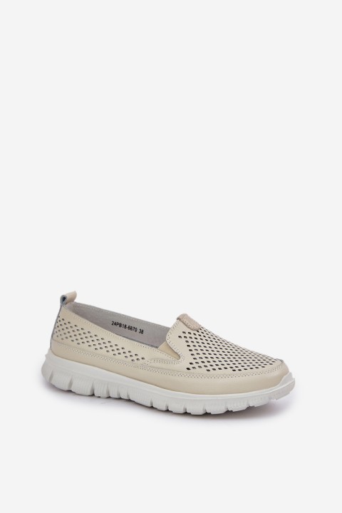 Lightweight Leather Perforated Loafers Women's Platform Beige Tanelora