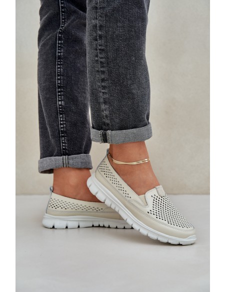Lightweight Leather Perforated Loafers Women's Platform Beige Tanelora