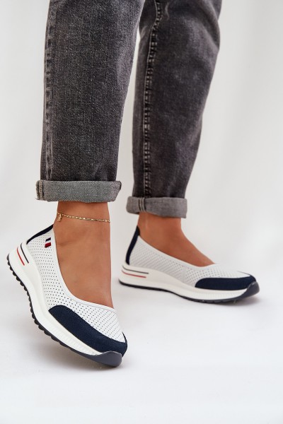 Leather Wedge Ballet Flats White-Navy Nelviera