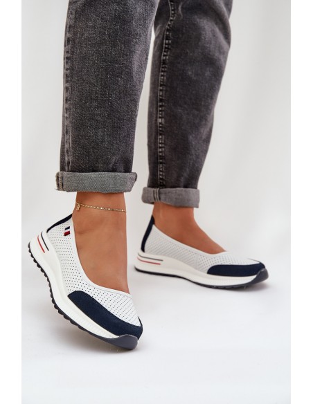 Leather Wedge Ballet Flats White-Navy Nelviera
