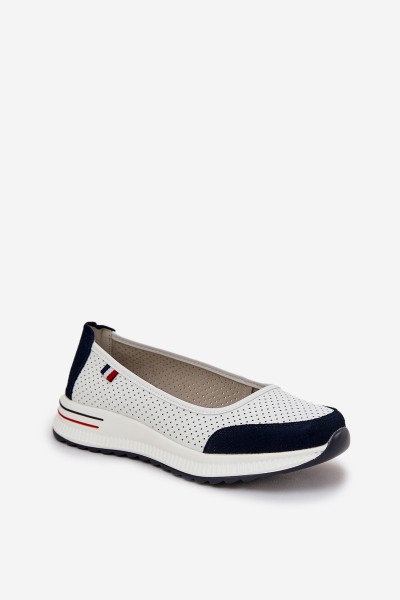 Leather Wedge Ballet Flats White-Navy Nelviera 2