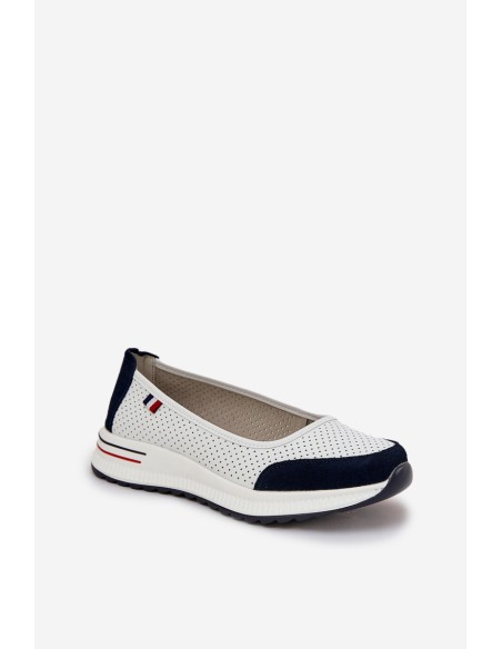 Leather Wedge Ballet Flats White-Navy Nelviera