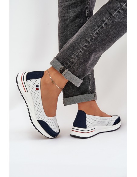 Leather Wedge Ballet Flats White-Navy Nelviera