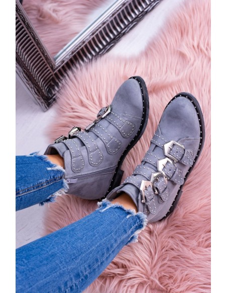 Lu Boo Dark Grey Virginia Rock Star Boots Rivet Buckles Suede