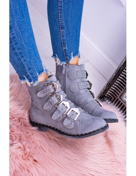 Lu Boo Dark Grey Virginia Rock Star Boots Rivet Buckles Suede
